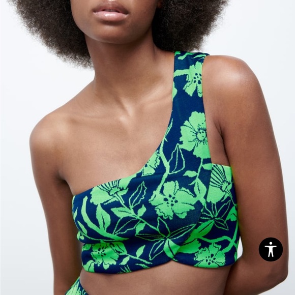 ZARA Jacquard top with asymmetric neckline and strap Blue Green Crop Top Medium - Picture 2 of 16